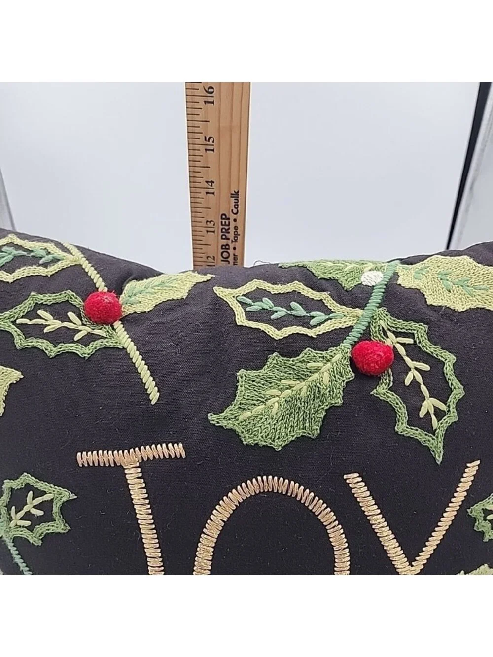 PIER 1 Throw Pillow 12” Black JOY Holly Leaves Embroidered Embellished Christmas